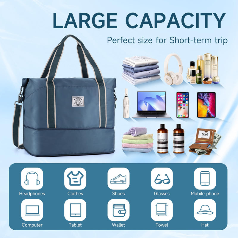 WALNEW Travel Duffel Bag, Weekender Overnight Carry On Bag for Women Men, Foldable Waterproof Gym Luggage with Metal Buckle Detachable Shoulder Strap and Wet Compartment (Peacock Blue) | Overnight Carry On Bag, Foldable Waterproof Gym Luggage with Meta...