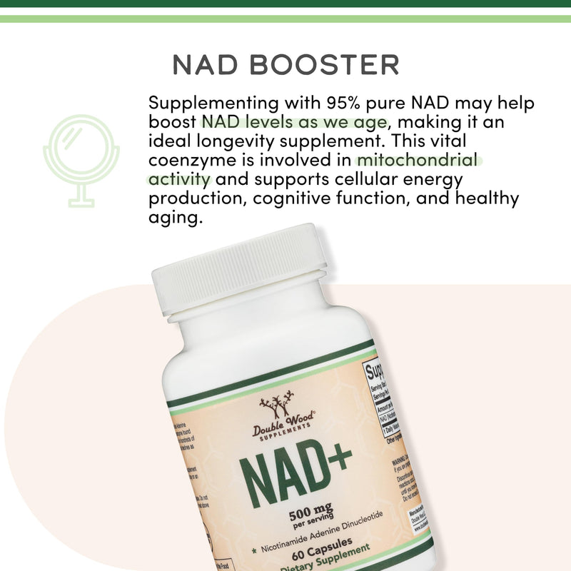 NAD+ 500mg, Energy + Healthy Aging, 95% Pure Single-Ingredient, 60 Capsules | Clean Daily Energy, Supports Anti Aging + Cell Regeneration, Real Single-Ingredient NAD+, Vegan + Non-GMO, 30-Day Supply