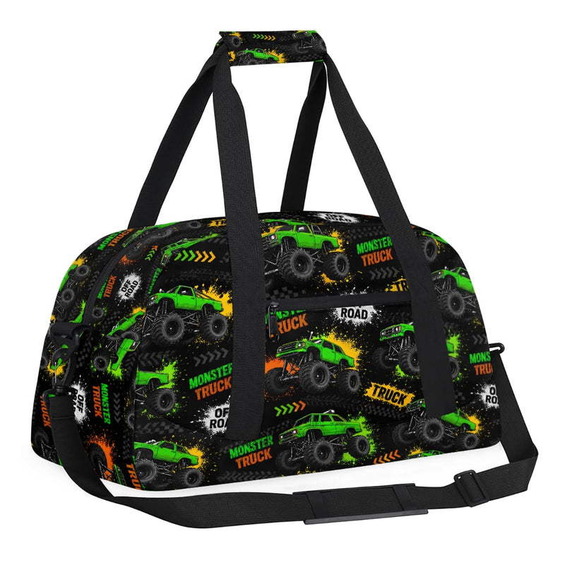 Gym Travel Duffle Bag for Boys - Green Monster Car Trucks Kids Overnighter Weekend Bag with Front Zipper Pocket for School Practice, Teens Carry-On Size Sleepover Bags Green Monster Trucks