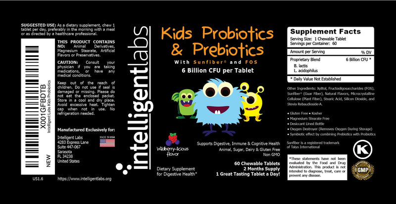 [Australia] - 6 Billion CFU Kids/Children's Probiotics with Prebiotics, Sunfiber and Fos, for 10x More Effectiveness. One A Day Great Taste Chewable Probiotic, 2 Months Supply Per Bottle 
