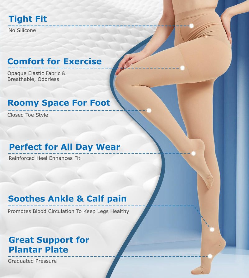 [Australia] - MGANG Medical Compression Pantyhose for Women & Men, Closed Toe, Opaque, Waist High Compression Circulation Leggings, 15-20 mmHg Firm Support Compression Hose for Varicose Veins, Edema, DVT, Beige XL X-Large 15-20mmhg Beige Closed-toe 