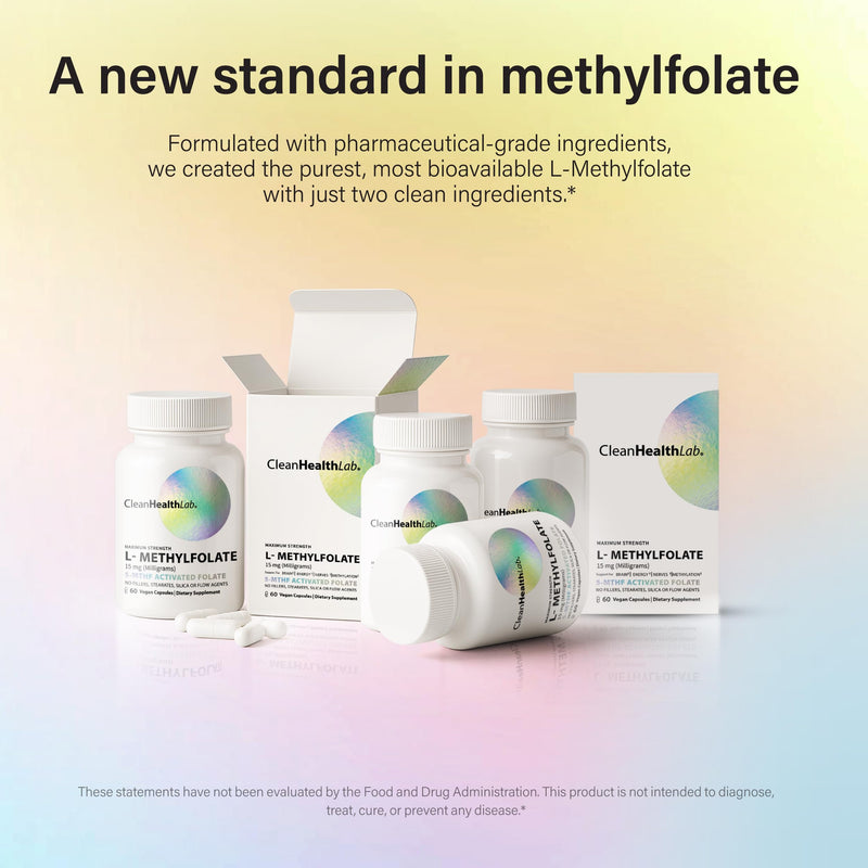 CleanHealthLab L-Methylfolate 15mg, 5-MTHF Active Folate - Maximum Potency Methylated Vitamin B9 Supplement - Support for Brain Health, Energy, Nerves, and Methylation with No Fillers (60 Count) 60 Count (Pack of 1)