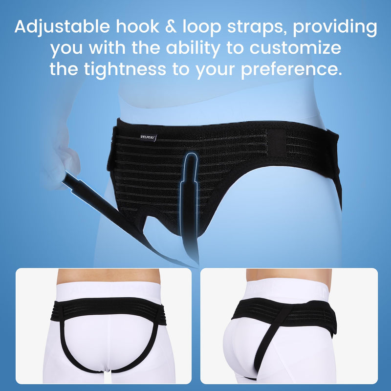 [Australia] - VELPEAU Hernia Belt Truss for Men and Women - Hernia Support Brace for Single/Double Inguinal or Sports Hernia, 2 Removable Compression Pads & Adjustable Groin Straps(Medium, Hip Circumference 35-42") Medium Black 