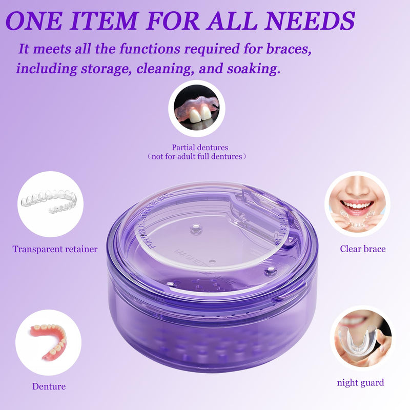 2 in 1 Retainer Case Retainer Bath Case for Cleaning and Store Retainer Mouth Guard Aligner Night Guard Partial Denture, All-in-one Retainer Bath and portable storage case Purple