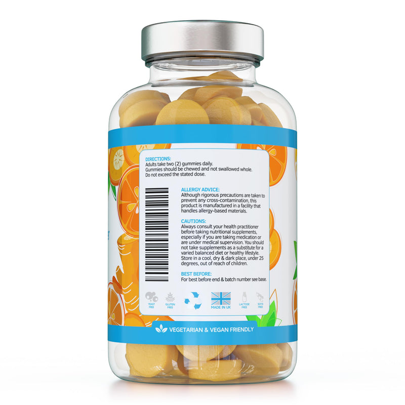 Turmeric Curcumin Gummies with Ginger - 120 Natural Orange Flavour Juicy Yummy Gummies – with a Huge 95% curcuminoids, Vegan & Gelatin Free – 2 Month Supply for Men, Women & Children – Made in the UK 120 Gummies