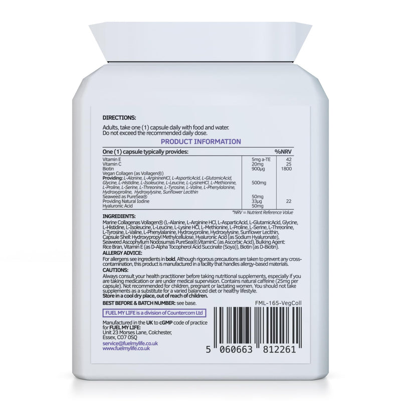 Vegan Collagen & Hyaluronic Acid Complex - 60 Capsules - Effective Skin, Hair & Nails Formula with 500mg of Vollagen in The Exact Amino ratios of Human Collagen - D-Biotin, Seaweed, Vitamins E&C