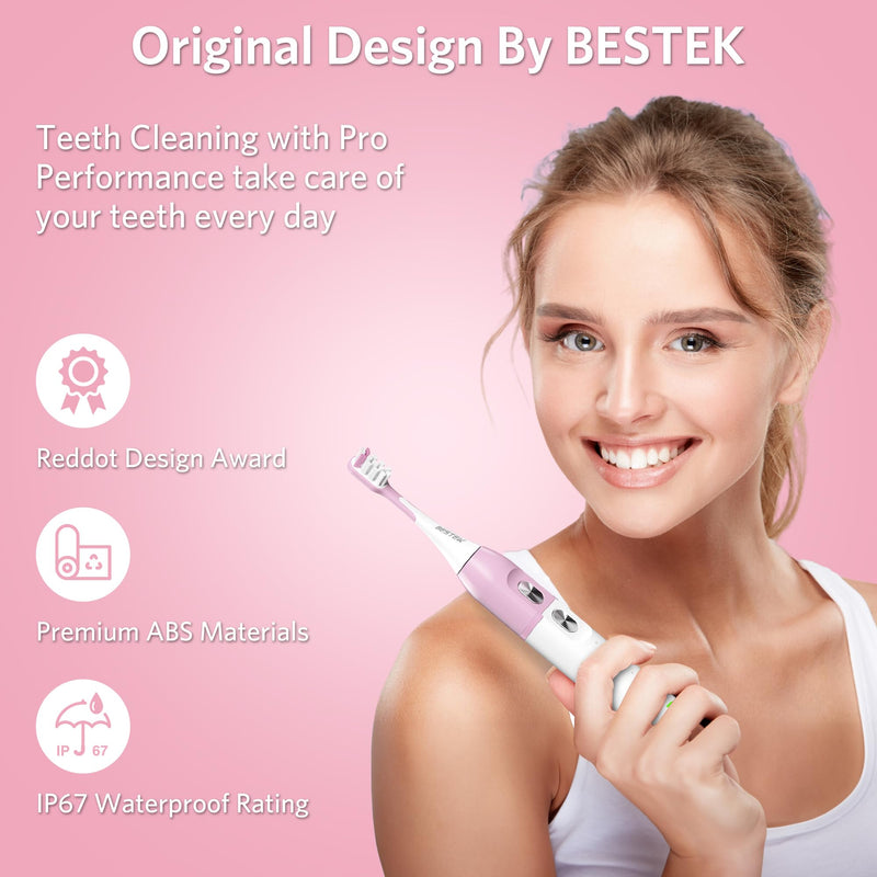 [Australia] - BESTEK Sonic Electric Toothbrush with IPX67 Waterproof, Powerful Cleaning Rechargeable Toothbrush with Multiple Modes & Smart Timer, 2 Replacement Brush Head & 1 Travel Case - Pink 