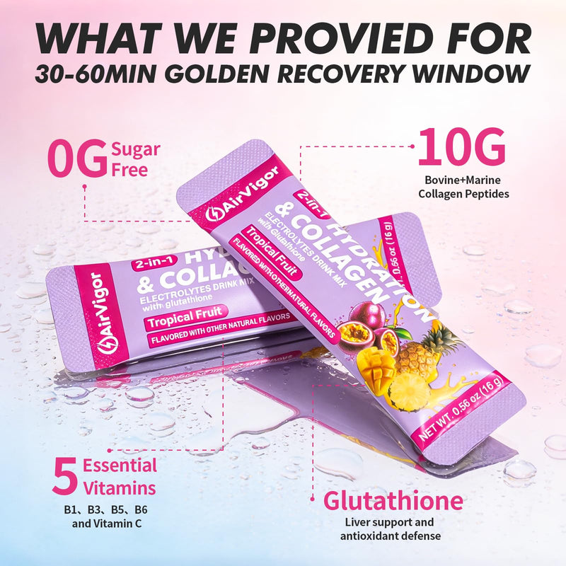 Collagen Electrolyte Powder, 10g Collagen, Tropical Fruit, 15 Ct | Zero sugar drink mix packets for post-workout hydration and recovery, with 5 vitamins, glutathione, joint and skin support