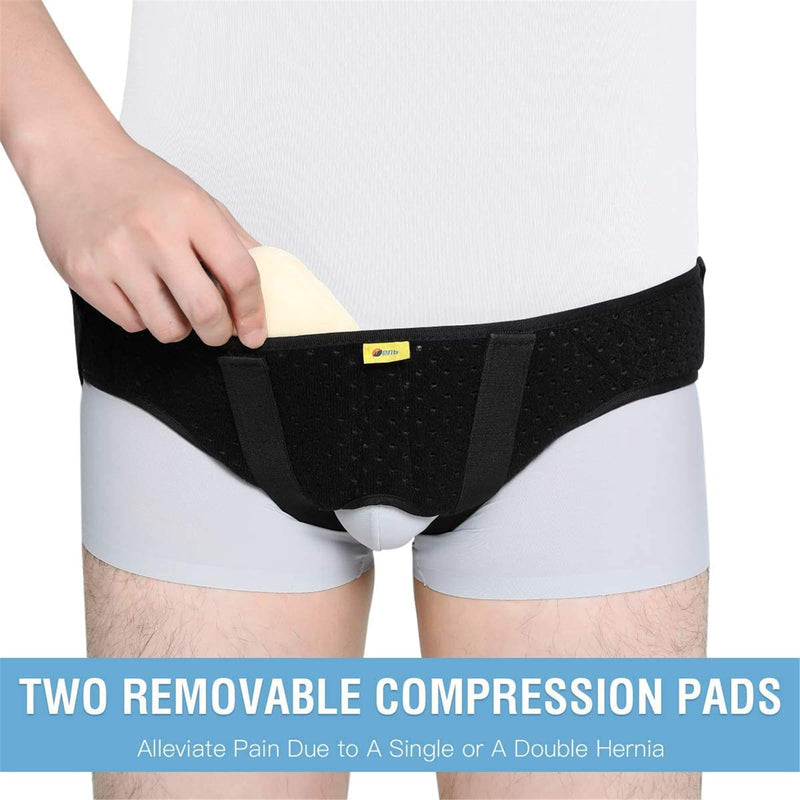 Hernia Belt for Men Hernia Support Truss for Single/Double Inguinal or Sports Hernia, Adjustable Waist Strap with 2 Removable Compression Pads Breathable Material