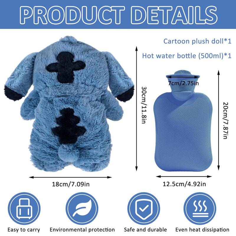 [Australia] - Fluffy Hot Water Bottle, Sti-tch Hot Water Bottle, Sti-tch Hot Water Bottle Cuddly Toy, Cartoon Hot Water Bottle for Kids, Hot Water Bag, Removable Inner Container, Hand Warmer for Kids & Adults (Blue) Blue 