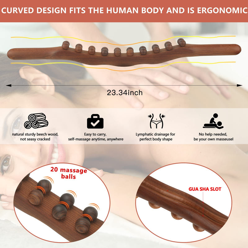Wood Therapy Lymphatic Drainage Massage Roller Stick Tools, Myofascial Release Tool Stomach Cellulite Massager, Ease Neck Back Waist and Leg Pain Handheld Self Body Sculpting Massage Tool (20 Beads) 20 beads