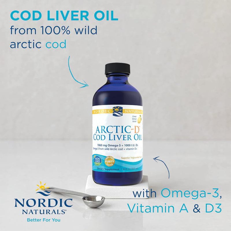 Nordic Naturals, Arctic-D Cod Liver Oil, 1060mg Omega-3 from Cod Liver Oil, with EPA and DHA, Lemon Flavour, 237ml, Lab-Tested, Soy Free, Gluten Free, Non-GMO