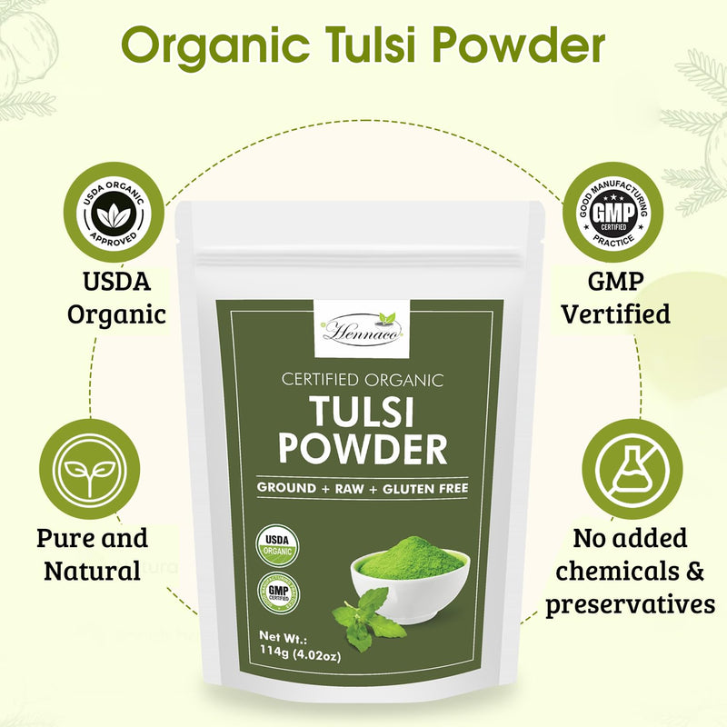 [Australia] - Organic Tulsi Powder - Resealable Zip Lock Pouch, USDA Organic - Premium Quality Holy Basil Powder, 100% Raw, Ayurvedic Herb for Immunity - 114 Grams (4 Oz) 4 Ounce (Pack of 1) 