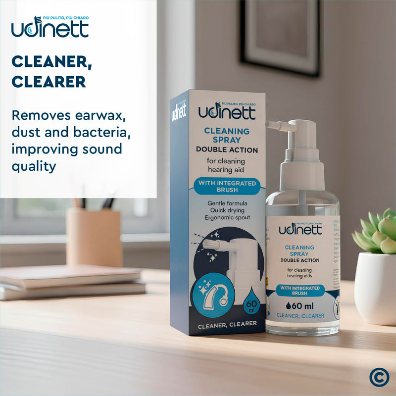 Hearing Aid Cleaning Spray 60ml with Included Brush - Udinett Sanitizer for Cleaning Earphones Bluetooth Headphones - Eliminates Earwax and Dirt with Immediate Effect Alcohol-Free Formula