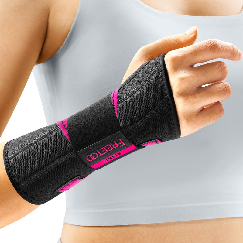 FREETOO Carpal Tunnel Wrist Brace Night Support Fit Right Hand for Work, Pain Relief Wrist Splint for Tendonitis, Sprain, Strain, Rigid Hand Brace for Arthritis for Women and Men (S/M, Black/Pink) Right-Rosa Pink/Black S/M