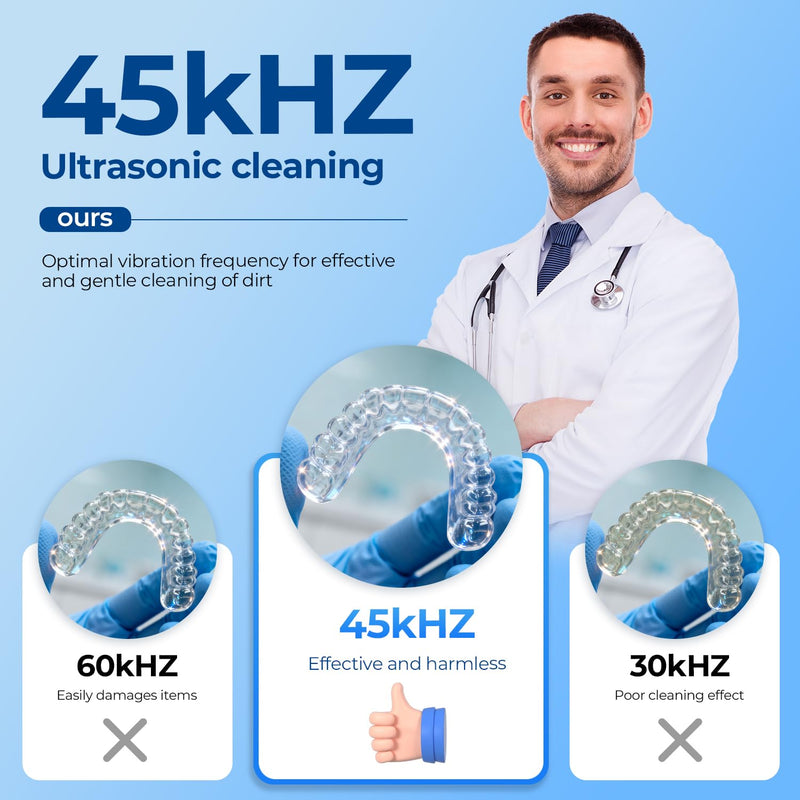 Ultrasonic Retainer Cleaner Machine - 45kHz Ultrasonic Cleaner - 200ML Mouth Guard & Denture Cleaner Pod & Jewelry - 5 Modes with Digital Timer - Upgrade Water Bottle Design Premium Black Silver