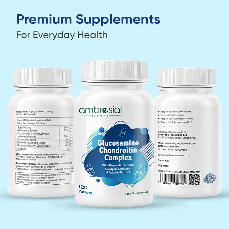 Ambrosial Glucosamine Chondroitin High Strength with Collagen, Curcumin, Boswellia & Rosehip – 6-in-1 Formula for Men & Women – Non-GMO, GMP Certified, 120 Tablets (4 Months Supply)