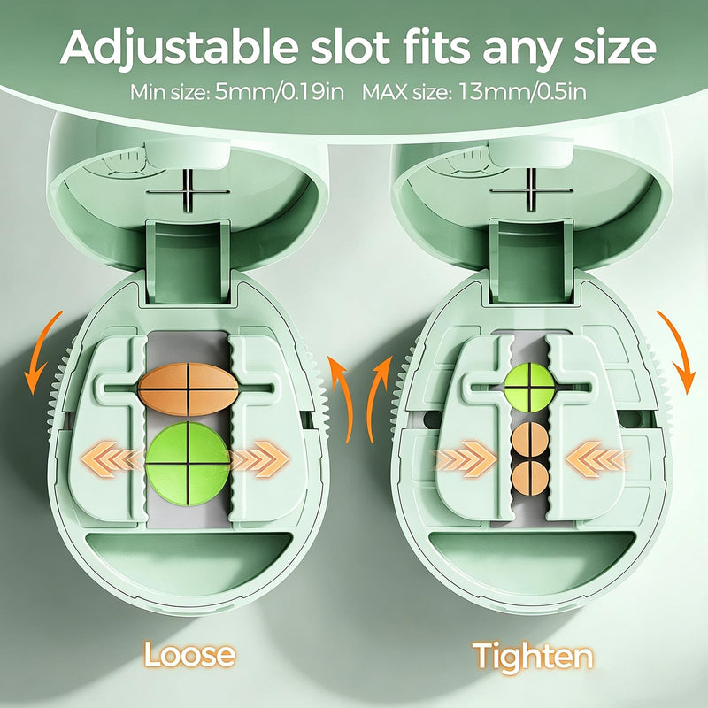 Adjustable Pill Cutter Splitter for Small and Tiny Pills, 1/2 1/4 Pill Splitter for Small Pills Vitamins Tablets, Accurate Alignment & Easy Cutting, Hidden Sharp Blade, Bottom Storage (Green) Green