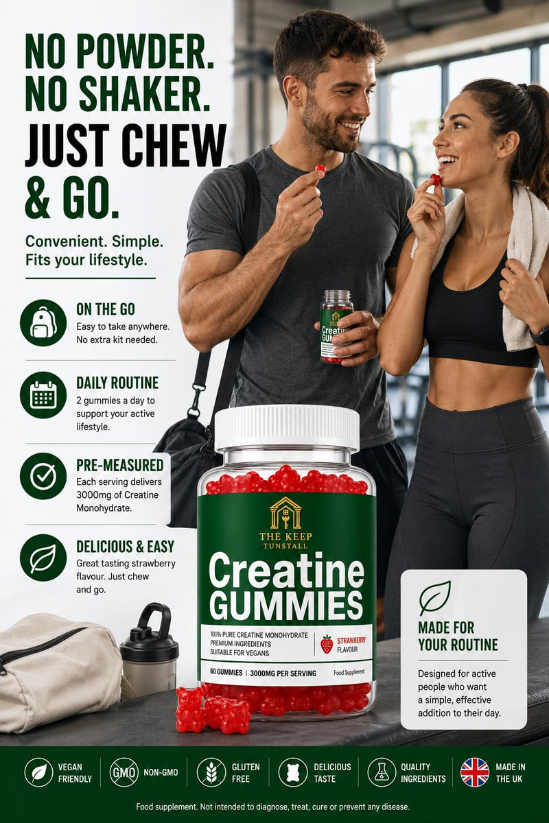 Creatine Gummies 3,000mg True Dose - Strawberry Flavour - Increases Physical Performance for Men & Women, Vegan & Sugar-Free, Easy Pre/Post Workout Gym Support for Performance and Muscle Power