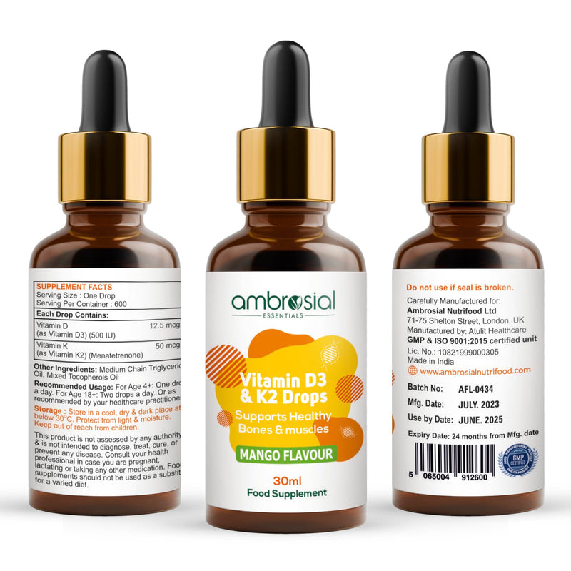 Ambrosial Vitamin D3 + K2 Drops – High Strength Liquid Supplement for Adults & Kids – 500 IU Vitamin D3 + 50 mcg Vitamin K2 – Mango Flavour, Gluten Free, Non-GMO, Easy-to-Take Vitamin D Liquid – 30 ml 30 ml (Pack of 1)