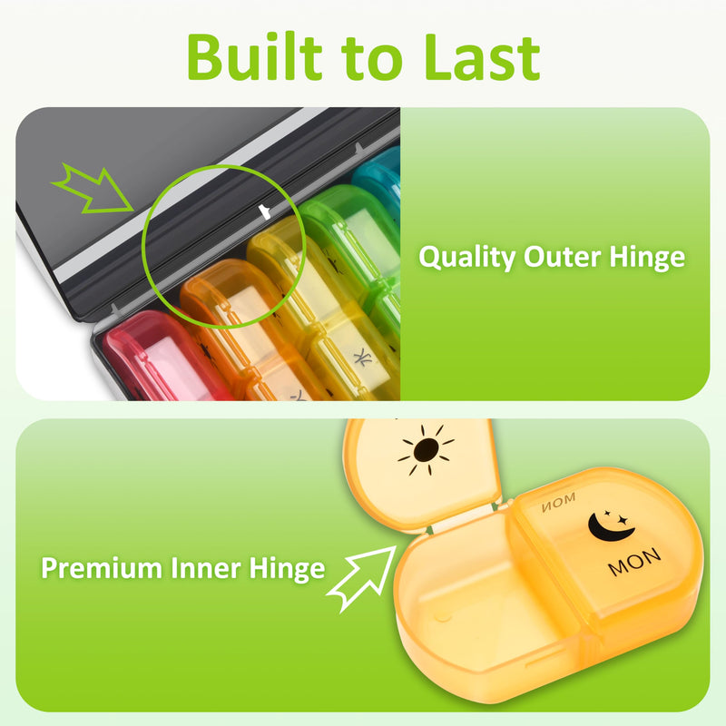 Fullicon Large Medicine Pill Organizer 2 Times a Day, AM PM 7 Day Travel | Each Compartment Holds 6 Fish Oils or 10 Vitamins, One Finger Open Lid, Double Secure Lock, Sturdy Hinges, Black Rainbow