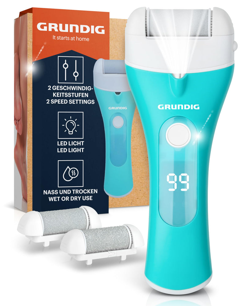 [Australia] - Grundig electric callus remover Pro - quickly remove calluses without bending - premium battery-powered callus remover wet + dry with work light, 3 foot rollers, rechargeable (callus remover) turquoise white 
