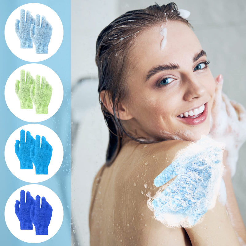 [Australia] - Sibba Pack of 8 Exfoliating Gloves Bath Gloves for Shower Spa Massage Glove Nylon Body Gloves Body Peeling of Dead Skin Cells Skin Body Scrubbing Bathing Accessories Men Women Colors B Green + Light Blue + Sea Blue + Dark Blue 