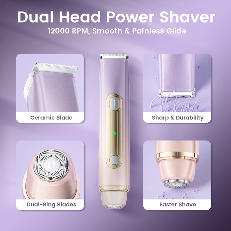 [Australia] - Bikini Trimmer for Women, 2-in-1 Electric Razor with Dual Heads, Ceramic Blade, Waterproof & Rechargeable, Painless Pubic Hair Shaver for Bikini, Underarm, Legs, Face — PinkPurple 