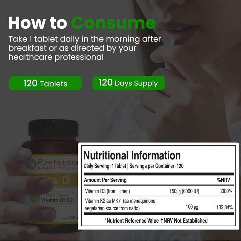 Pure Nutrition Vitamin D3 K2 Supplement (D3 6000iu + K2 MK7 100mcg) | 120 Tabs | Plant Based Vitamin D3 K2 Supplement to Support Calcium Absorption | Vegan Vitamin K2 D3 | Non GMO