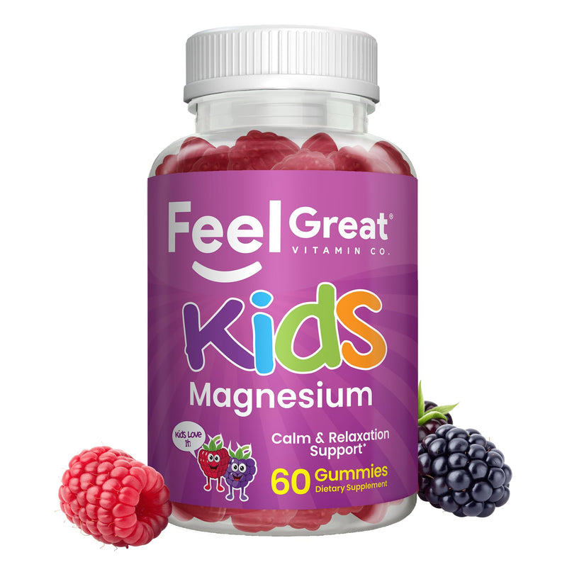 Feel Great Kids Magnesium Citrate Gummies, Calm Support, 60 Count | Magnesium Citrate for Calm Support, Natural Berry Flavor, Ages 4+, Kids Gummy