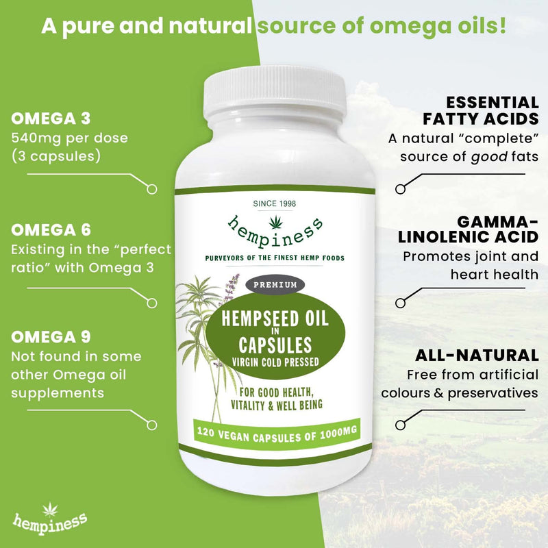 Organic Hemp Seed Oil Vegan Capsules 1000mg - 120 Softgel Capsules with Organic Cold-Pressed Hemp Seed Oil - Omega 3,6,9 - Since 1998 1
