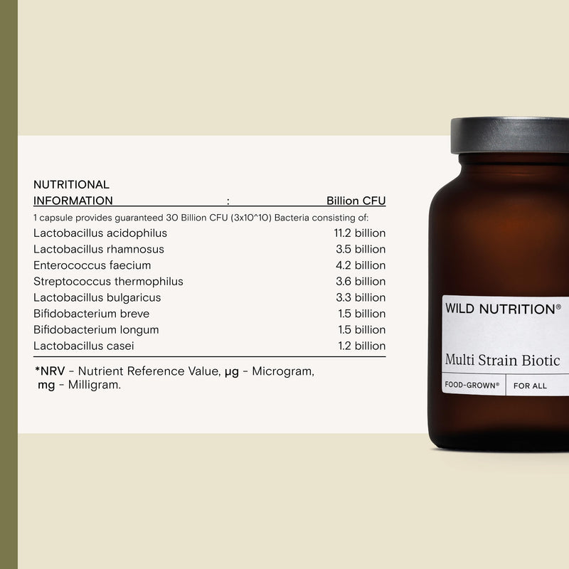 WILD NUTRITION Food-Grown Multi Strain Biotic | Probiotics for Gut Health with 30 Billion Live Bacteria, and 8 Key Strains Including Lactobacillus, Acidophilus, Bifidobacterium & More | 30 Capsules