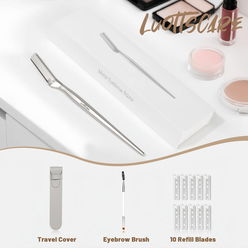 [Australia] - Stainless Steel Eyebrow Razor - Face Razors with Travel Cover & 10 Refill Blades, Eyebrow Brush - Help Exfoliate and Smooth Skin for Eyebrow, Leg, BIKINI, Facial, Beard Remove - L 