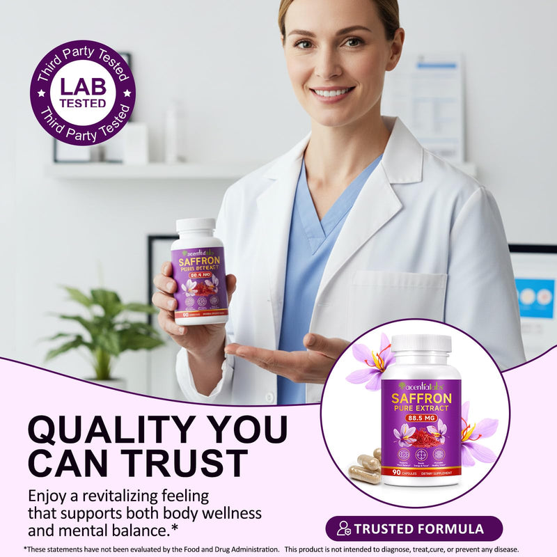 Saffron Capsules, Saffron Supplement 90 Count, Saffron Pure Extract 88.5mg, Supports Mood Balance, Boosts Energy & Focus, Promotes Healthy Vision