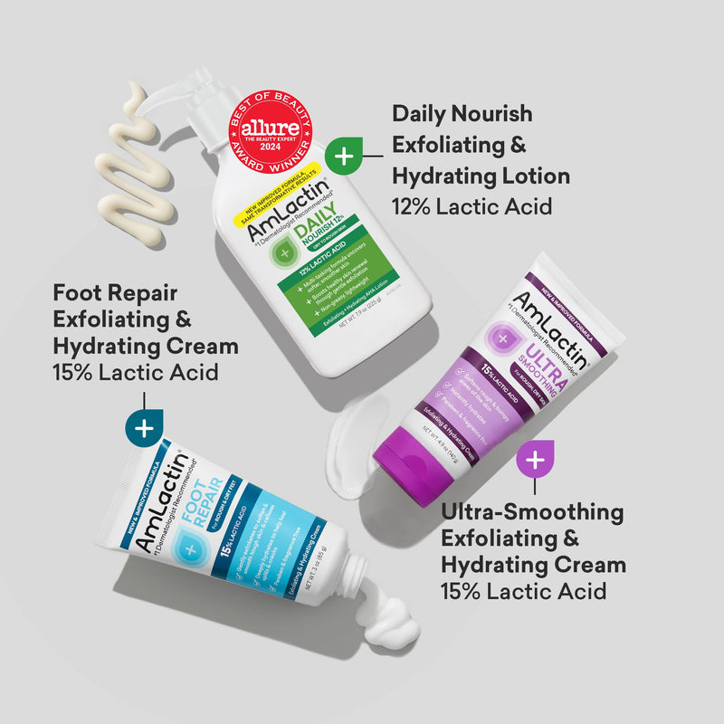 Amlactin Essentials Skin Care Set, Lactic Acid Body & Foot Care | Lactic acid skin care set with body lotion, smoothing cream, foot cream and socks to exfoliate, moisturize and renew skin.