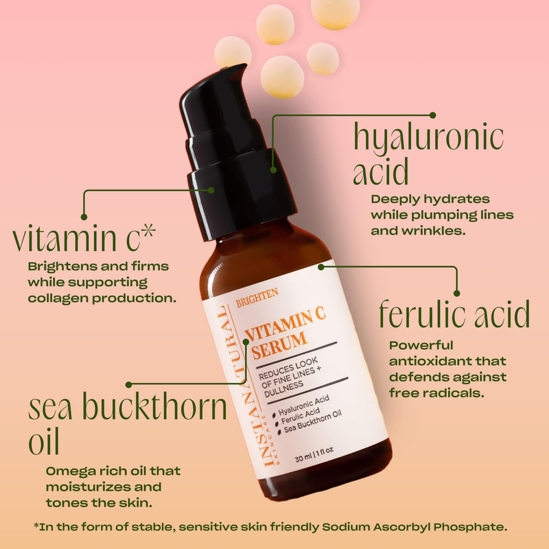 InstaNatural Vitamin C Face Serum, Brightens, Hydrates and Reduces Signs of Aging, with Vitamin C, Hyaluronic and Ferulic Acid, 1 FL Oz | All Skin Types, Brightens, Hydrates, and Reduces Signs of Aging, with Vitamin C, Hyaluronic Acid, and Ferulic Acid