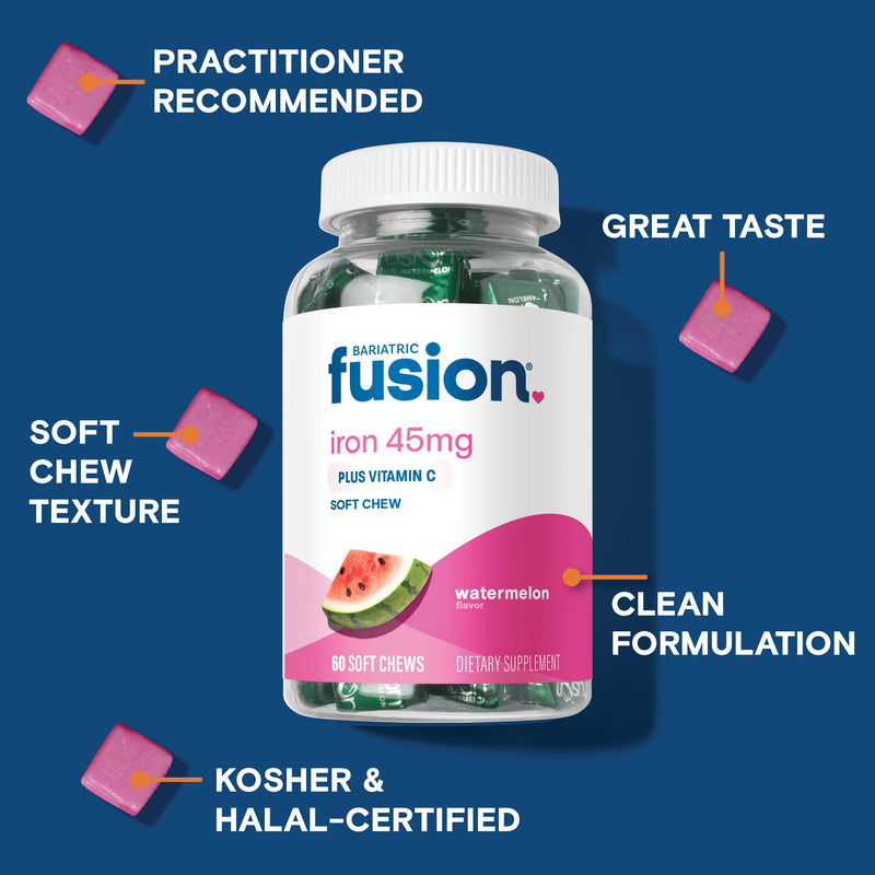 [Australia] - Bariatric Fusion Iron Supplement for Women Anemia | Chewable Iron with Vitamin C | Watermelon Flavored Soft Chew | Gentle on Stomach Ferrous Fumarate for Women and Men | Gluten Free | 60 Count 