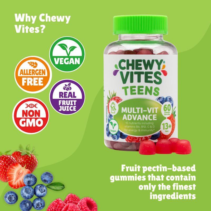 Chewy Vites Teens Multi-VIT Advance, 60 Vitamin Gummies, Teen Vitamins Gummies with 15 Essential Nutrients, 2 Months Supply, Real Fruit Juice, Vegan, Berry Flavour, for Energy and Immunity