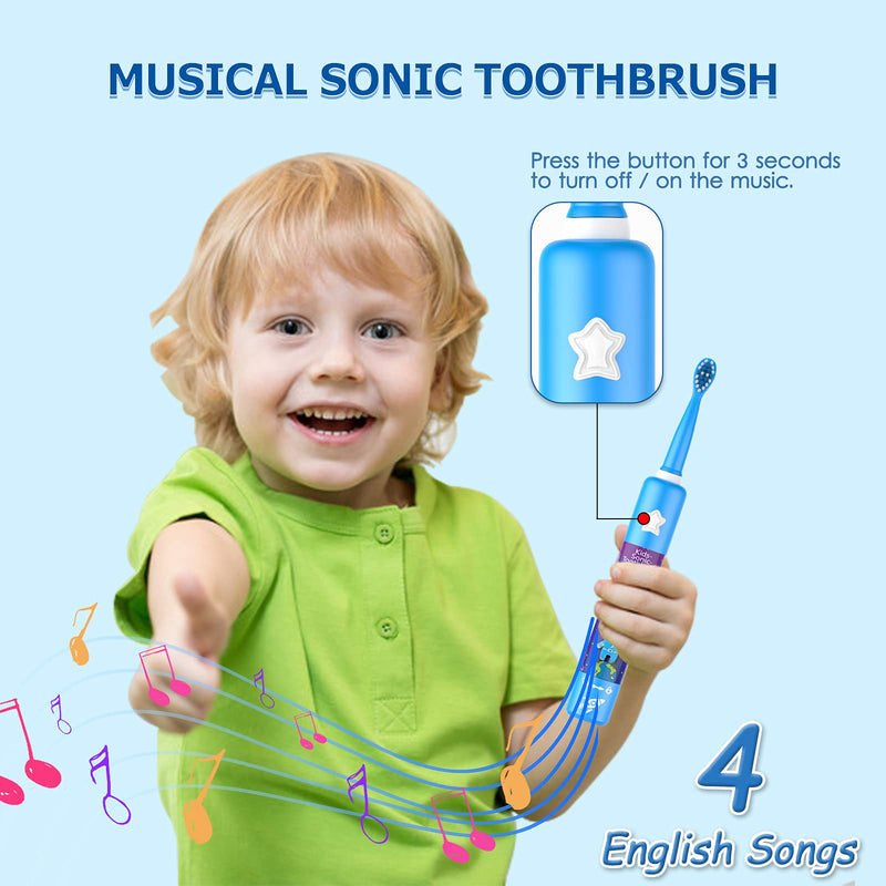 [Australia] - Musical Kids Sonic Electric Toothbrush, Rechargeable Smart Cartoon Toothbrush for Children Toddlers for Age 3-12 with 2- MinTimer, 3 Modes, 4 Bristles,34000 Pulses 
