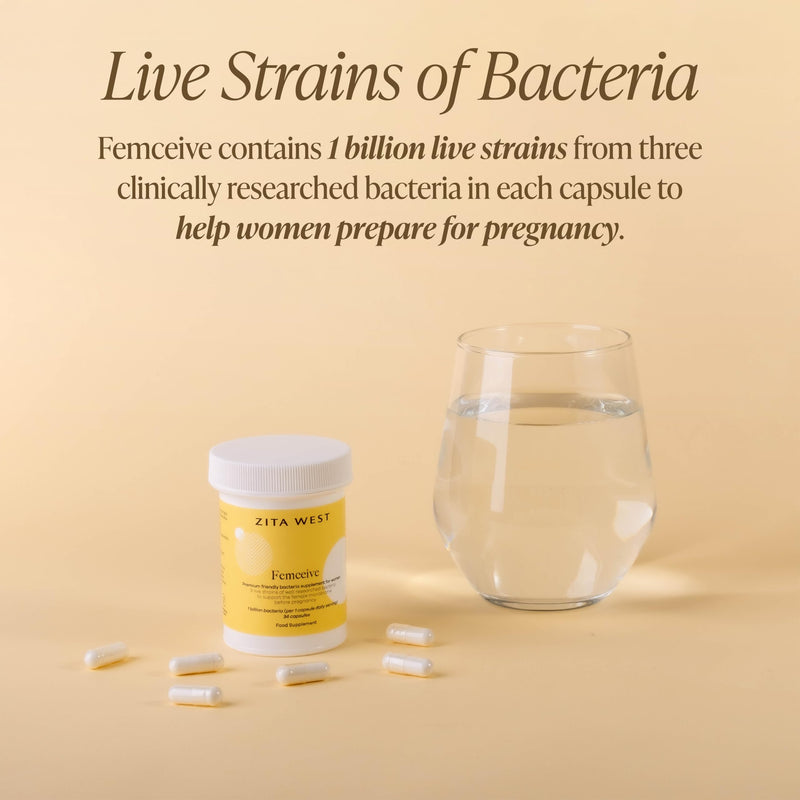 Zita West Femceive Friendly Bacteria Supplement for Women - Pre-Conception Daily Support, 1 Billion CFU, 3 Lactobacillus Strains, Vegan Capsules - 34 Day Sup