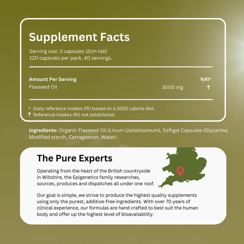 Flaxseed Oil 3000mg | Organic Flax Seed (Linum Usitatissimum) | 120 Vegan Friendly Softgel Capsules UK Made | 1.3 Months Supply by Epigenetics Supplements