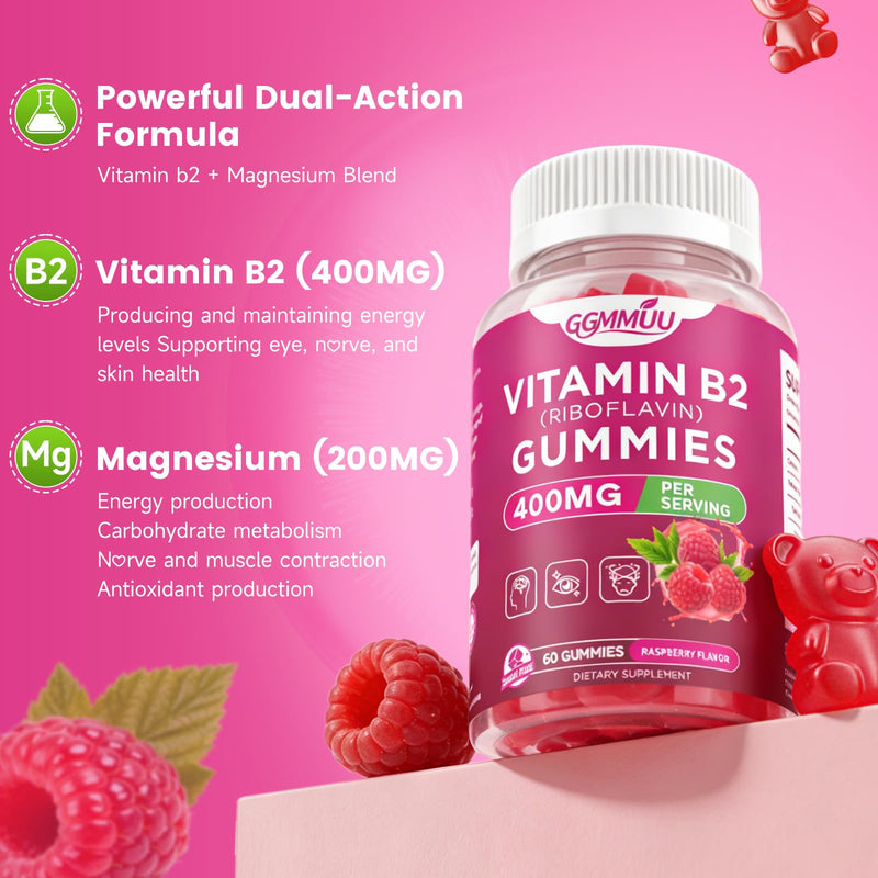 2 Pack Vitamin B2 400mg Gummies with Magnesium, Raspberry, 120 Count | High-Potency Riboflavin with Magnesium for Head Comfort, Energy & Nervous System Support, Sugar Free, Vegan, Non-GMO 60 Count (Pack of 2)