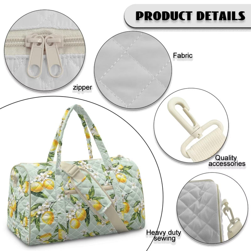 Quilted Weekender Bag Lemon Green Fresh Print Large Weekender with Adjustable Crossbody Strap Zesty Travel Bag for Overnight Trips