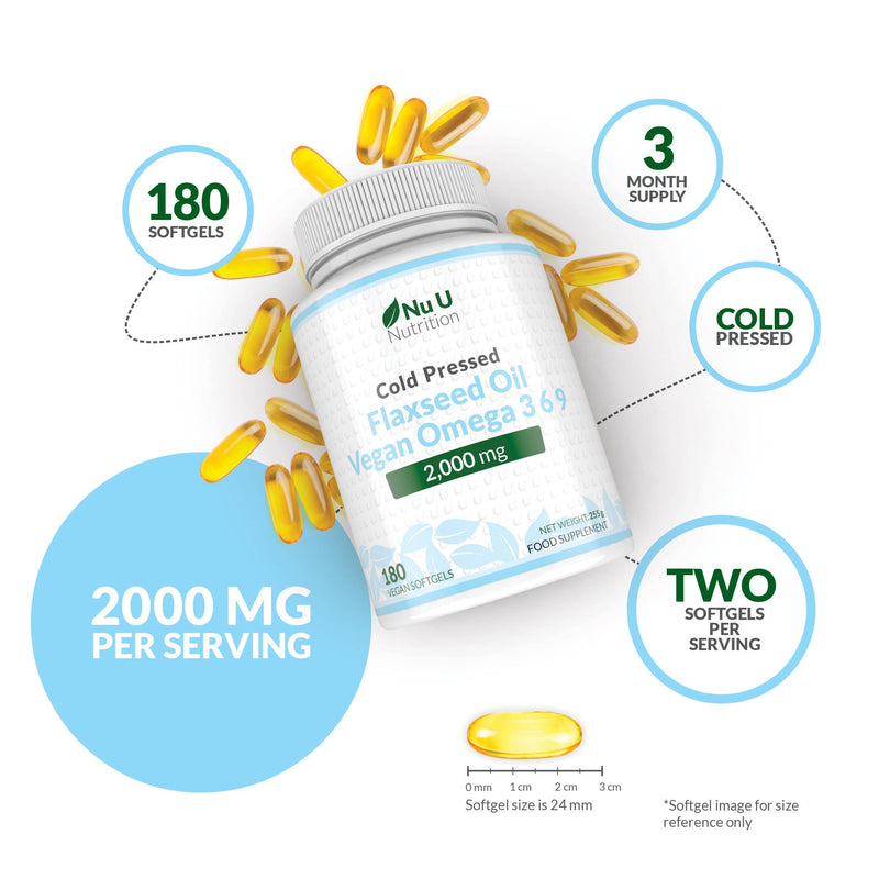 Nu U Nutrition - Flaxseed Oil Capsules 2000mg - 180 Vegan Softgels - Rich Source of Vegan Omega 3 6 9 - Cold Pressed - 3 Month Supply - Made in the UK