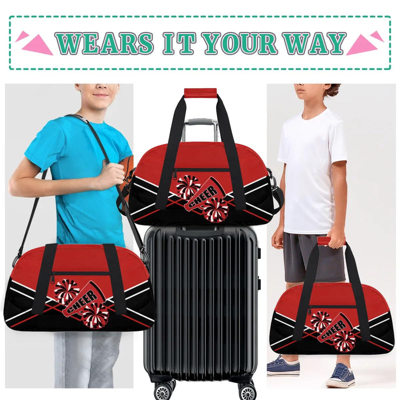 Cheer Kid Duffel Bag Collapsible Sports Gym Bags Travel Weekender Overnight Bag for Girls Boys Personalized Gymnastics Sleepover Bag Black Red Color-cheer02