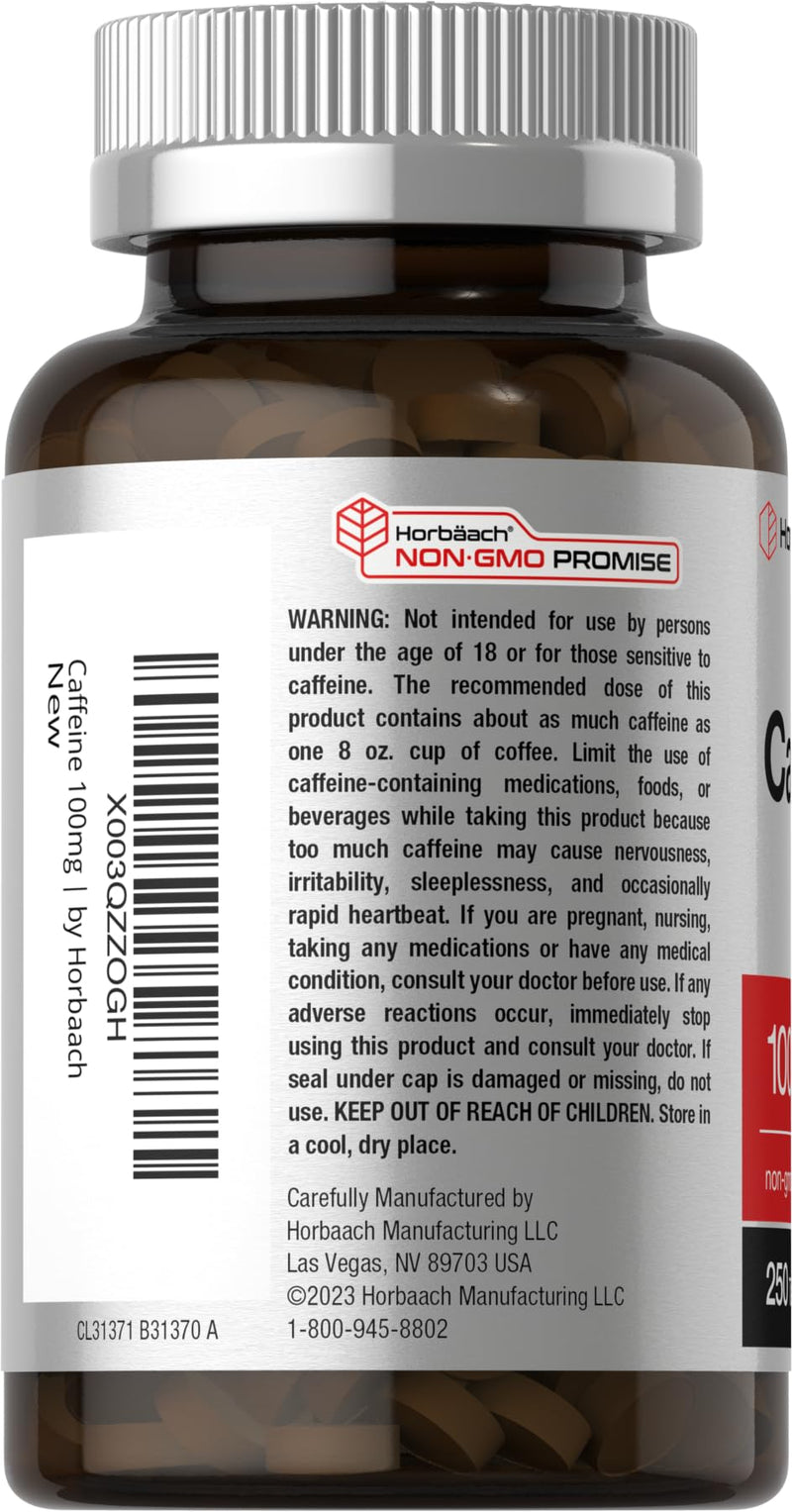 Horbäach Caffeine Pills 100mg | 250 Tablets | Vegetarian Formula | Non-GMO, Gluten Free Supplement