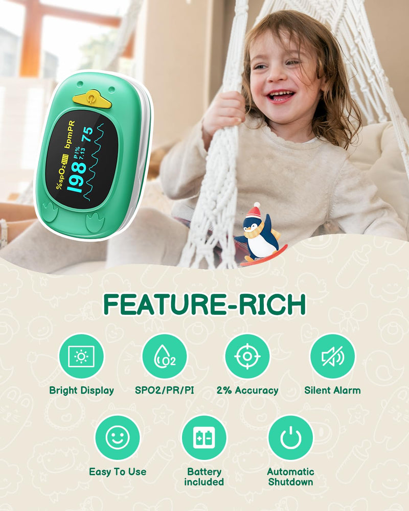 [Australia] - Pulse Oximeter for Kids-HOLFENRY Baby Oxygen Monitor Fingertip for Children Kids Pulse Oximeter Fingertip, Large Display, Included with AAA Battery Green 