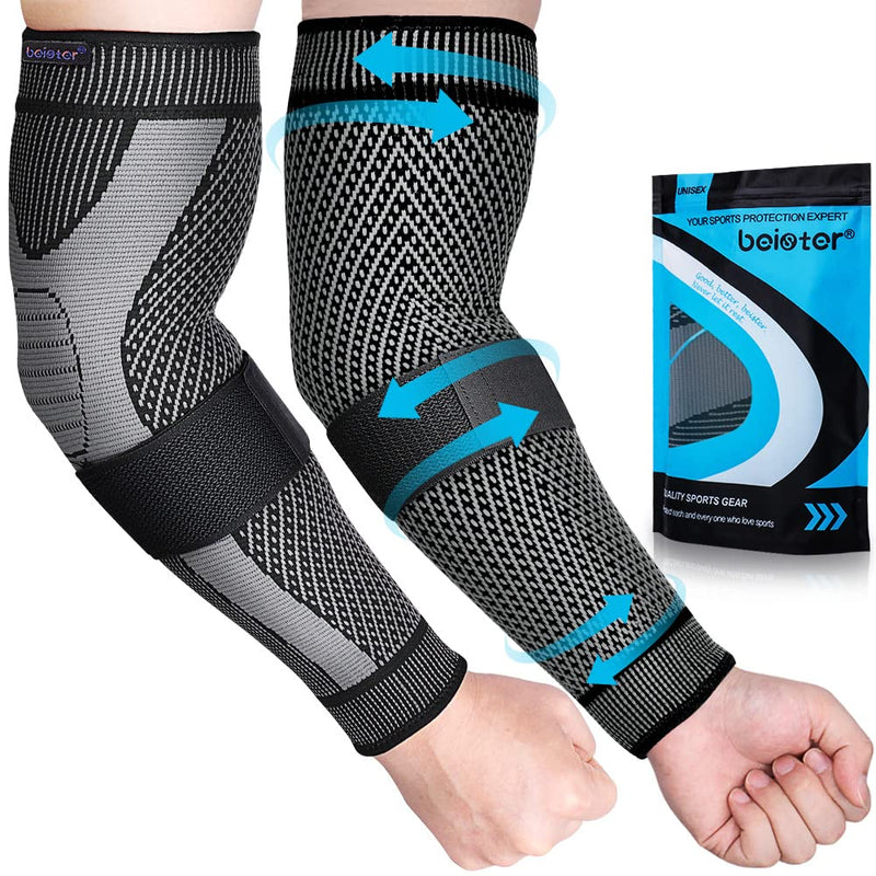[Australia] - beister Compression Arm Sleeves with Elastic Strap for Men & Women (Pairs), Elbow Braces, 20-30 mmhg Non-Slip Breathable Thick Full Arm Supports for Tennis Elbow, Workouts, Arthritis,Lymphedema,DVT Black L 