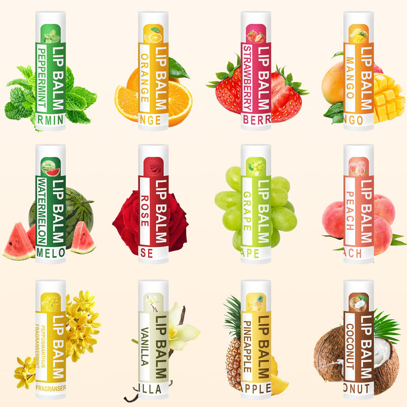 DMSKY 24 Pack Lip Balm Bulk, 12 Flavors, Natural | Hydrates with Vitamin E & Beeswax, Moisturizing Lip Care for Dry Chapped Lips B-24P