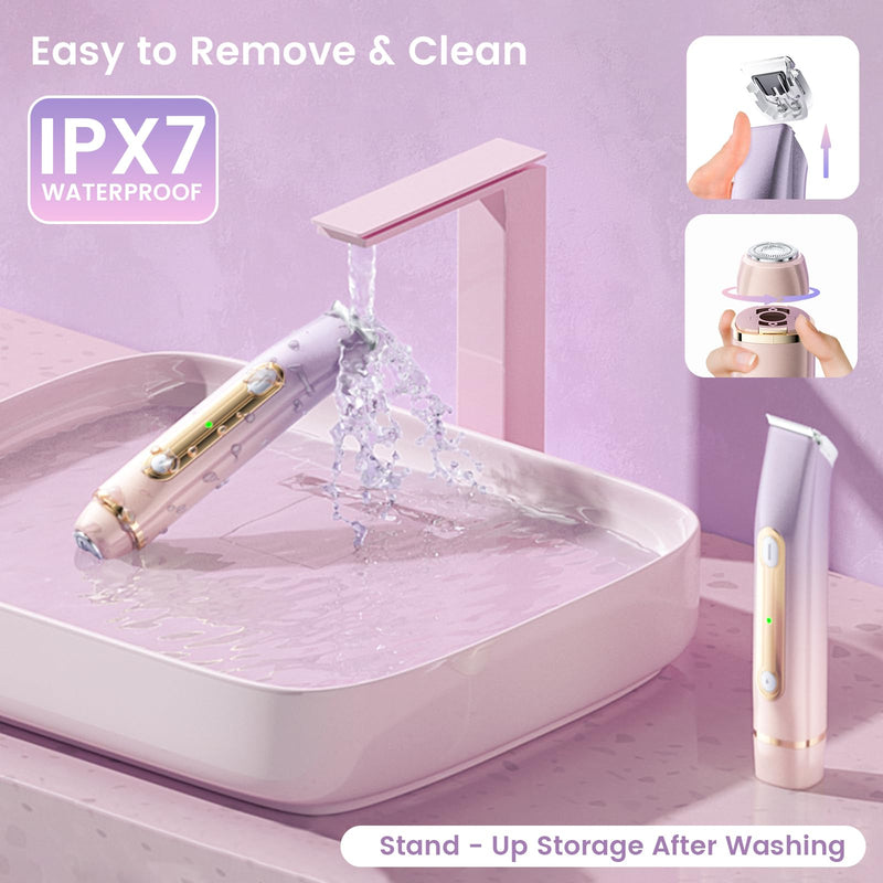 [Australia] - Bikini Trimmer for Women, 2-in-1 Electric Razor with Dual Heads, Ceramic Blade, Waterproof & Rechargeable, Painless Pubic Hair Shaver for Bikini, Underarm, Legs, Face — PinkPurple 